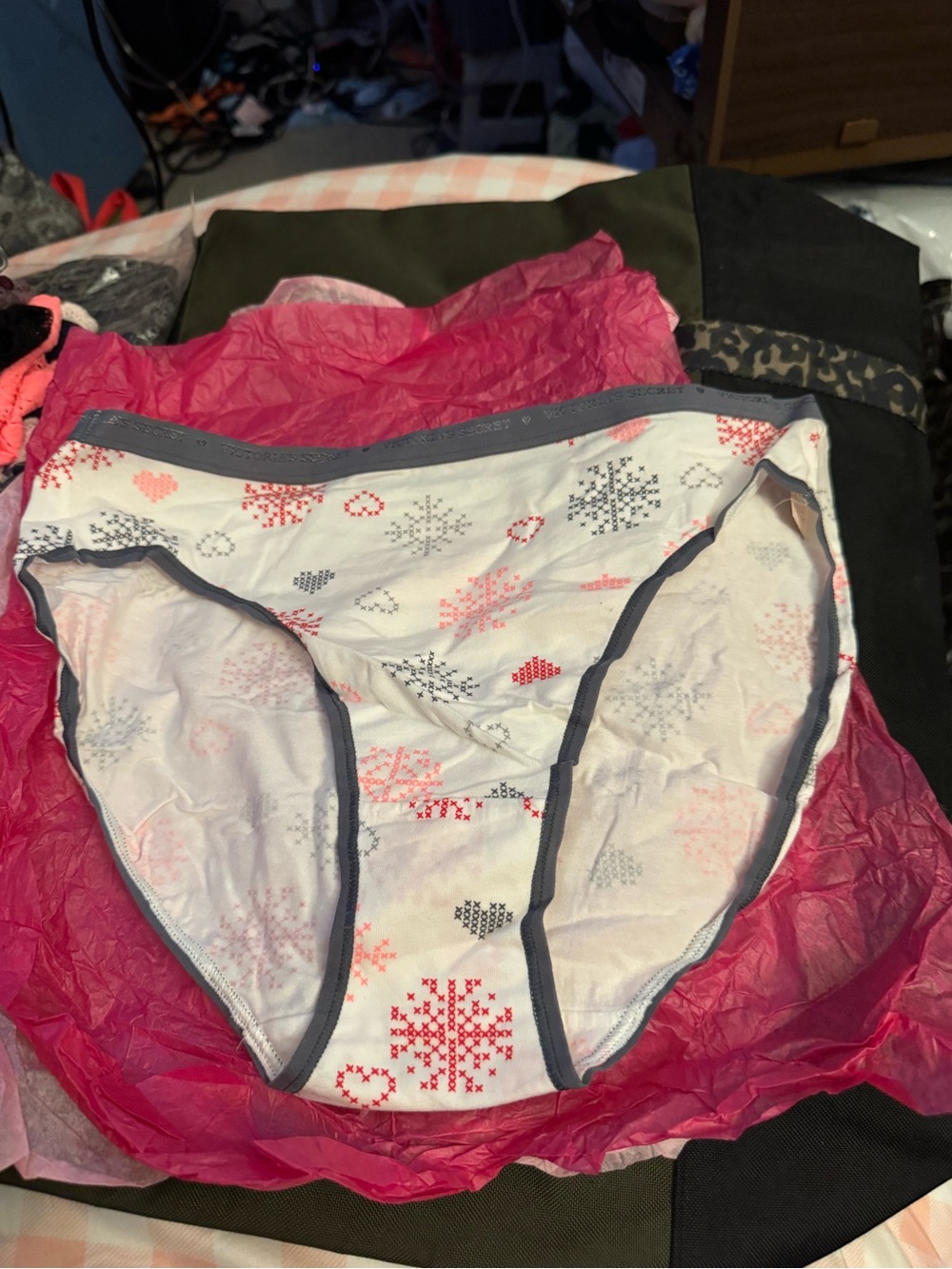 Victoria's Secret White Brief Panty with Pink and Gray Snowflakes